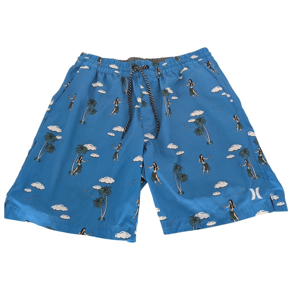 Hurley Swim Trunks Mens Medi Blue Hula Girl Palm‎ Tree Board Short Tropical Surf